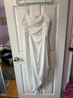 Wayf White Ruched Bodice Satin Mini Dress
